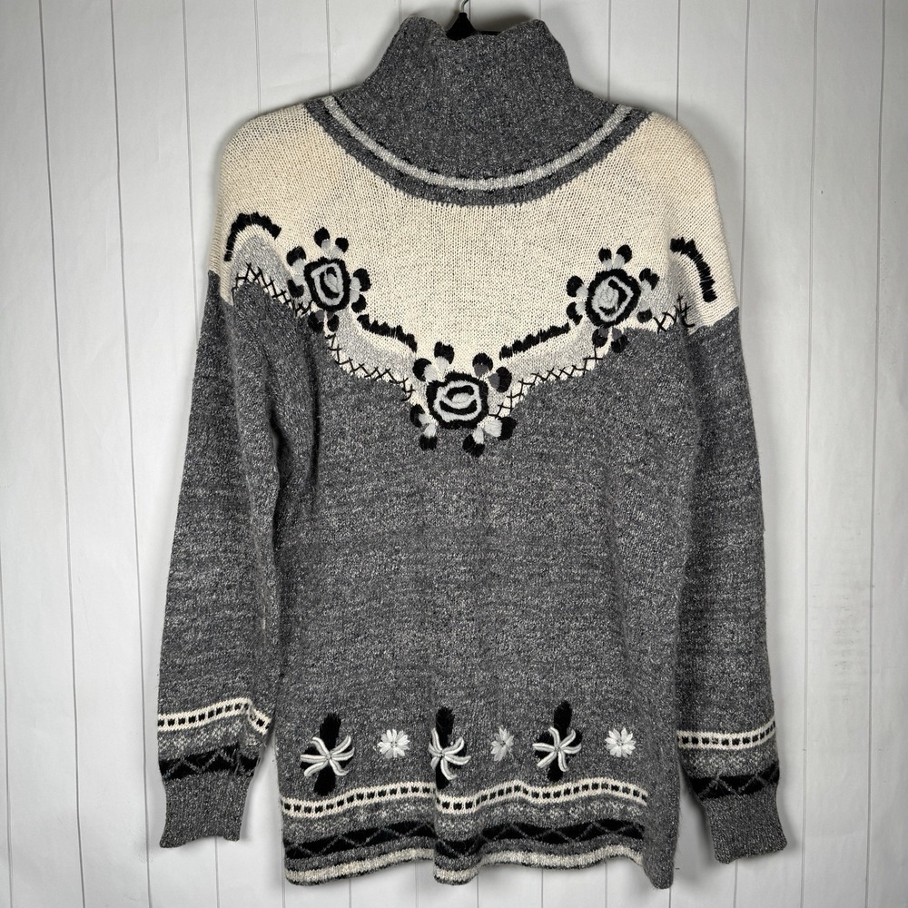 VTG 80s Gray Floral Turtleneck Sweater Silk Angora Blend Modest Granny Cottage M